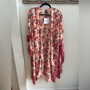 Agnes & Dora Peach Floral Open-Front Kimono with Red & Navy Accents